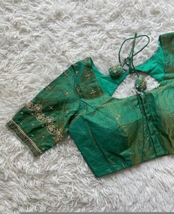 pure silk hand embroidery blouse/short sleeve maggam blouse/raw silk zardosi blouse/hand embroidered blouse/green ready made blouse zardosi