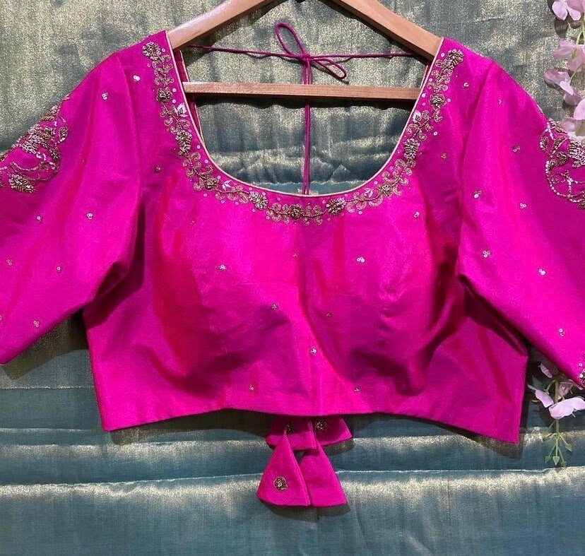 pure silk hand embroidery blouse/saree maggam blouse/hot pink zardosi blouse/hand embroidered blouse /magenta pink ready made blouse zardosi
