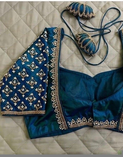 pure silk hand embroidery blouse/saree maggam blouse/blue zardosi blouse/turquoise blue embroidered blouse/blue ready made blouse zardosi