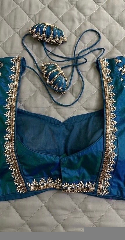 pure silk hand embroidery blouse/saree maggam blouse/blue zardosi blouse/turquoise blue embroidered blouse/blue ready made blouse zardosi