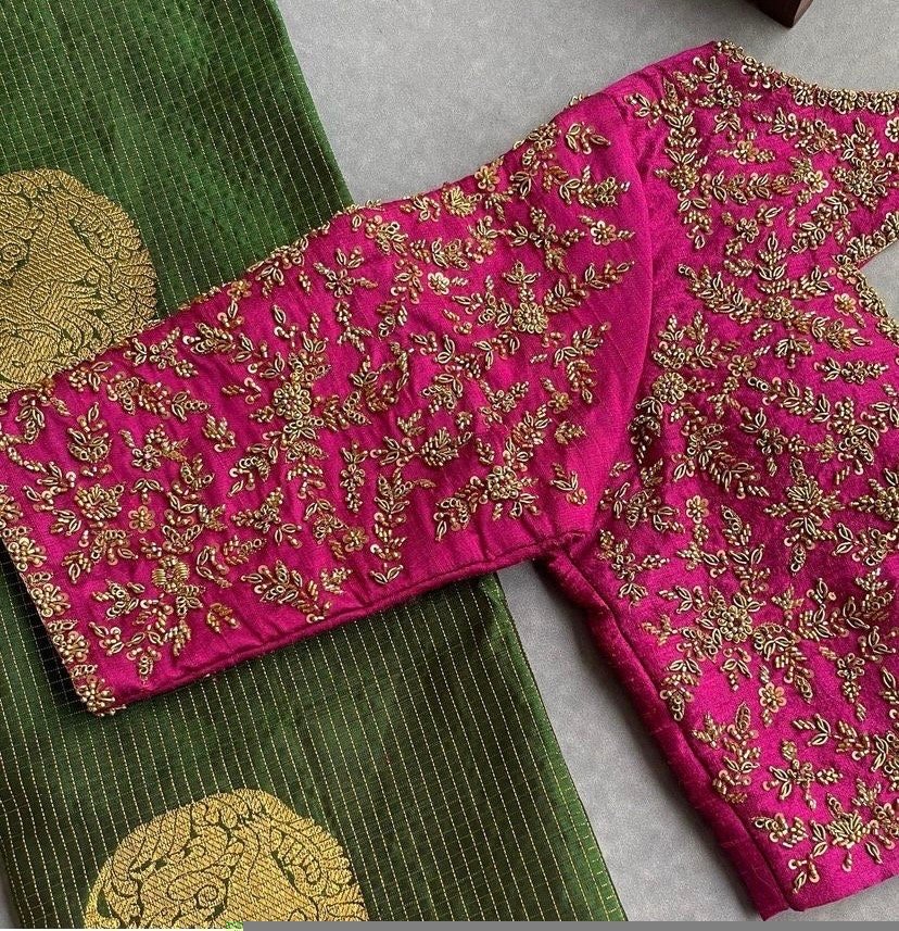 pure silk hand embroidery bridal blouse/maggam blouse/pink bridal work blouse/pink hand embroidered blouse/heavy embroidery wedding blouse