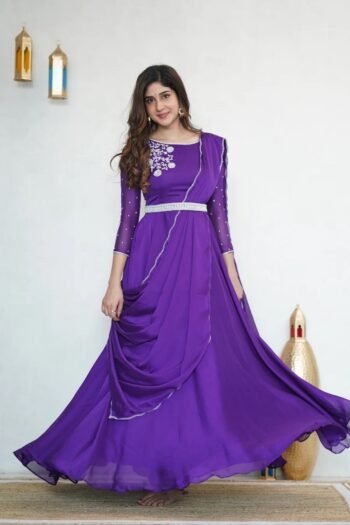 Hand embroidered Anarkali with dupatta/purple anarkali suit/georgette anarkali dupatta Indian dresses/purple  anarkali dupatta belt set