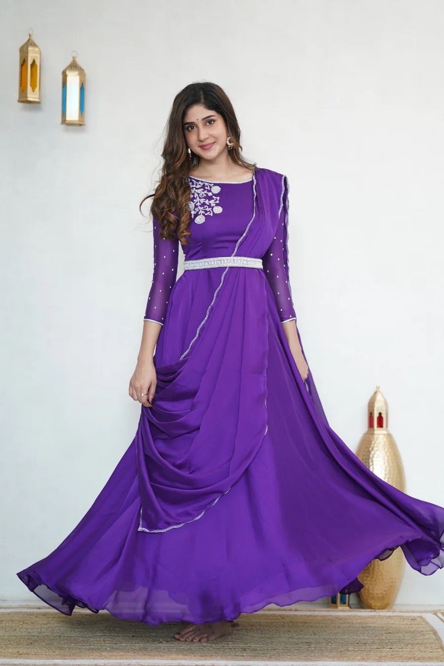 Hand embroidered Anarkali with dupatta/purple anarkali suit/georgette anarkali dupatta USA/Indian dresses/purple anarkali dupatta belt set