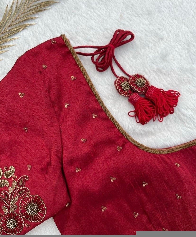 pure silk hand embroidery blouse/saree maggam blouse/red zardosi blouse/red hand embroidered moderblouse/red ready made blouse zardosi usa