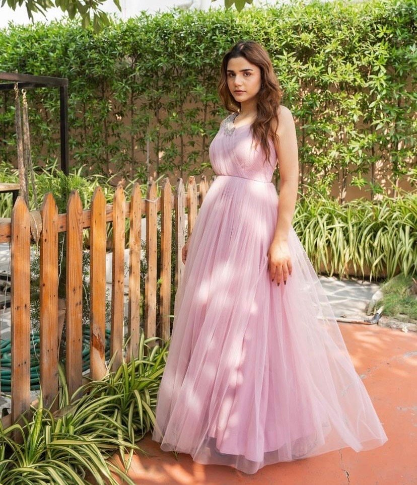 Hand embroidered Anarkali/tulle hand embroidery dress/heavy soft net designer gown USA/ tulle gown/prom dress/wedding gown /braids made gown