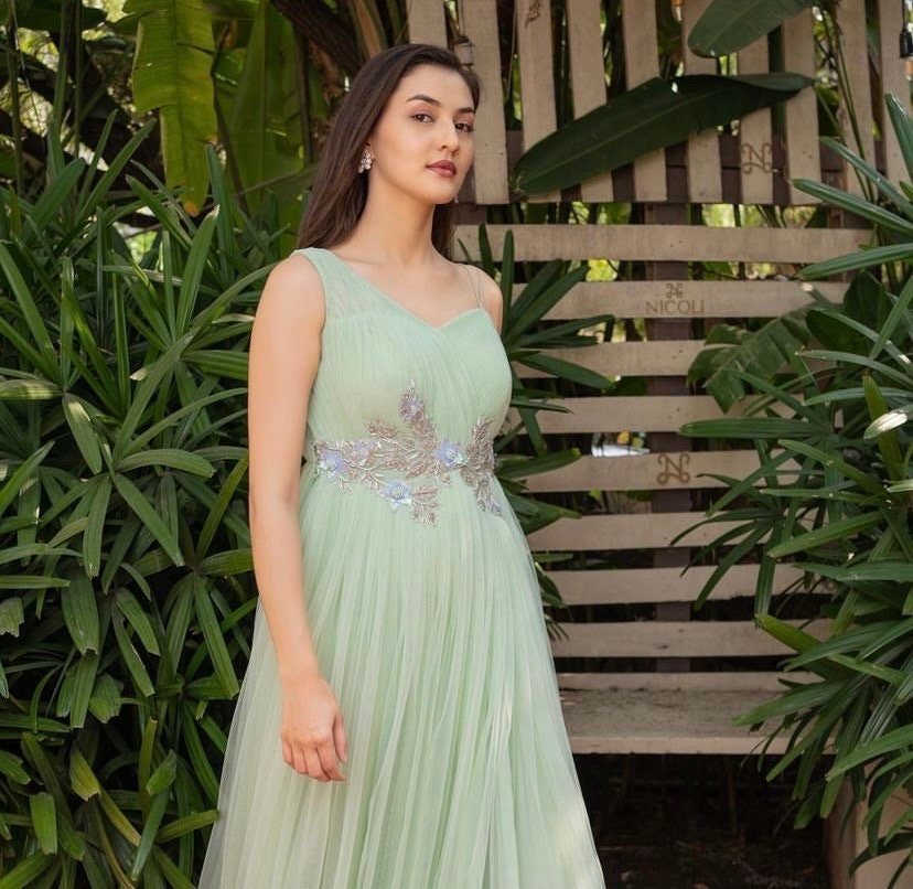 Hand embroidered Anarkali/tulle hand embroidery dress/heavy soft net designer gown USA/ tulle gown/prom dress/wedding gown /braids made gown