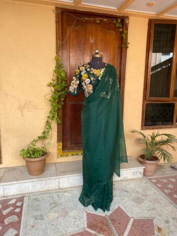 pure silk green sarimulticolor hand embroidery blouse/saree with maggam blouse/raw silk zardosi blouse/hand embroidered blouse organza saree
