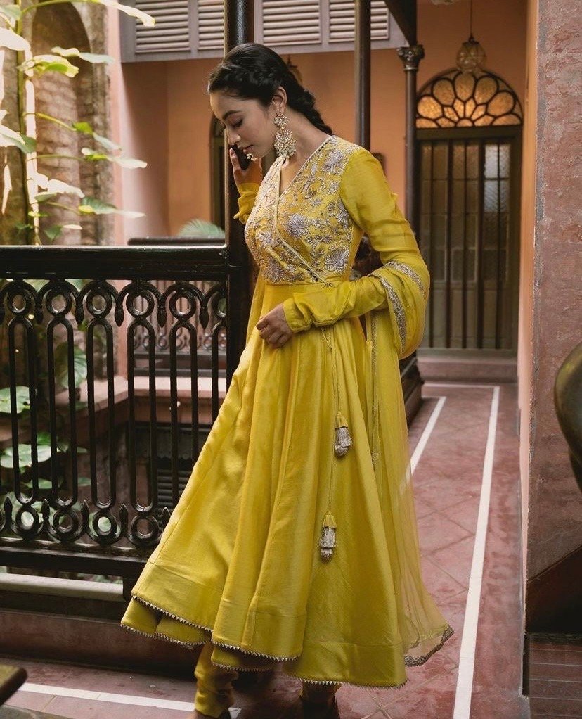 Anarkali usa/anarkali kurta with dupatta/yellow full sleeve dress/hand embroidery anarkali/yellow anarkali dress/anarkali with dupatta pant