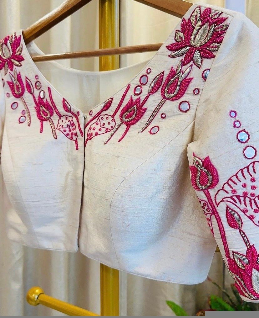 pure silk hand embroidery blouse/cream maggam blouse/pure raw silk zardosi blouse/hand embroidered blouse/cream designer ready made blouse