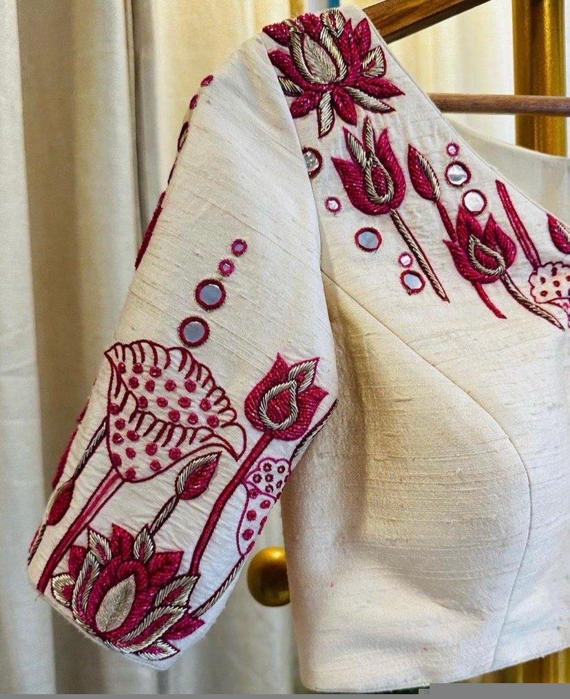 pure silk hand embroidery blouse/cream maggam blouse/pure raw silk zardosi blouse/hand embroidered blouse/cream designer ready made blouse