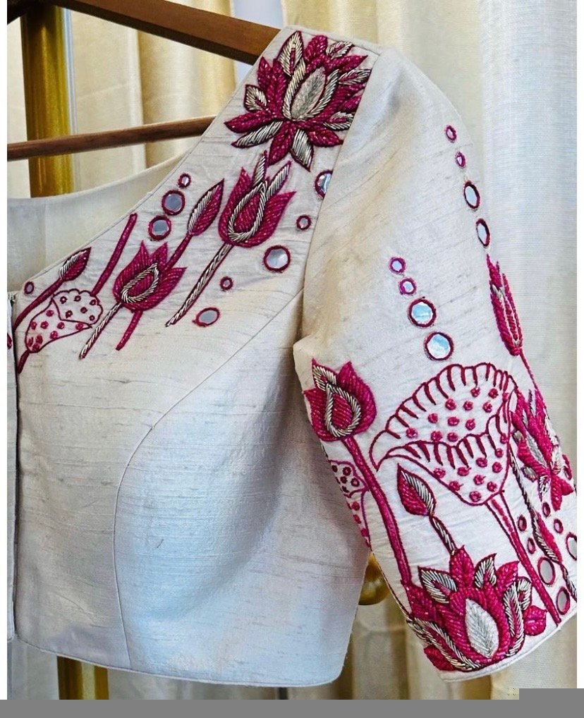 pure silk hand embroidery blouse/cream maggam blouse/pure raw silk zardosi blouse/hand embroidered blouse/cream designer ready made blouse