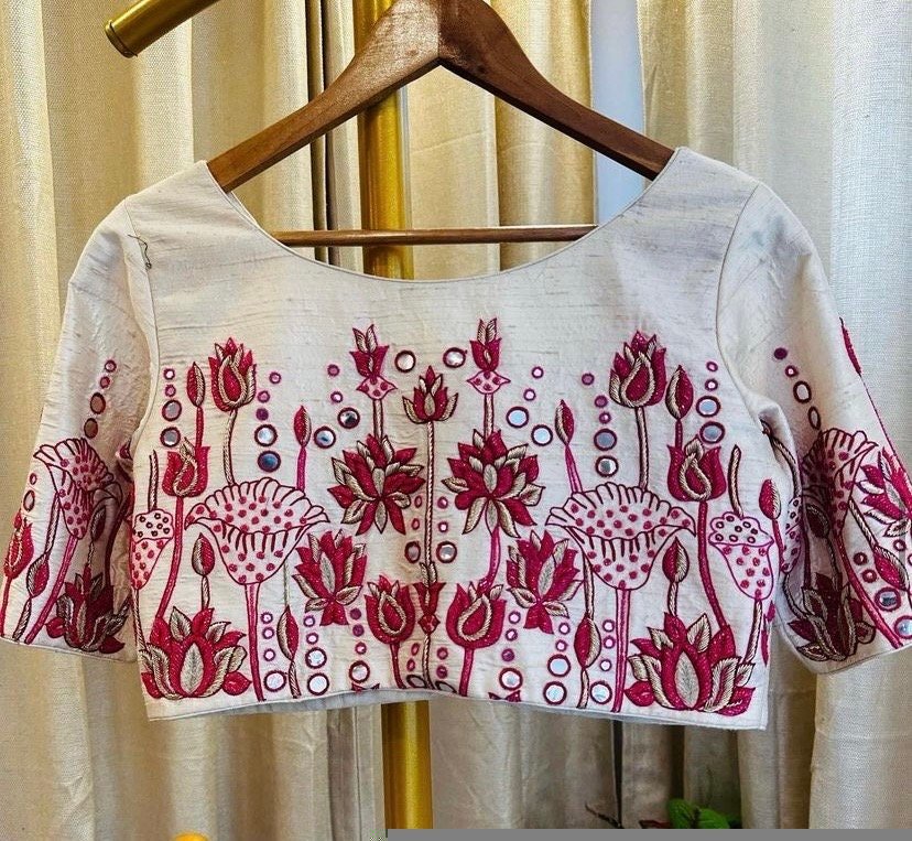 pure silk hand embroidery blouse/cream maggam blouse/pure raw silk zardosi blouse/hand embroidered blouse/cream designer ready made blouse