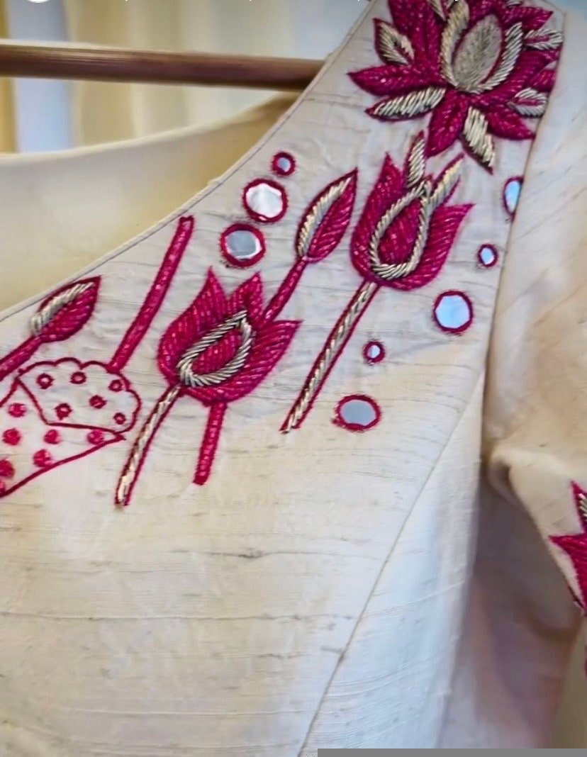 pure silk hand embroidery blouse/cream maggam blouse/pure raw silk zardosi blouse/hand embroidered blouse/cream designer ready made blouse