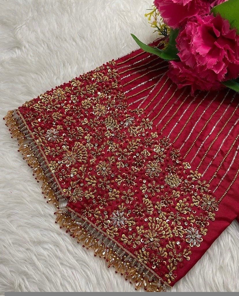 pure silk hand embroidery blouse/modern saree maggam blouse/red zardosi blouse/wedding hand embroidered blouse/red bridal ready made blouse