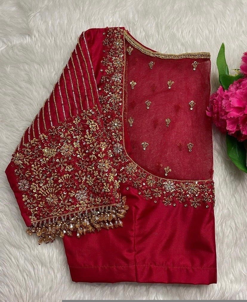 pure silk hand embroidery blouse/modern saree maggam blouse/red zardosi blouse/wedding hand embroidered blouse/red bridal ready made blouse