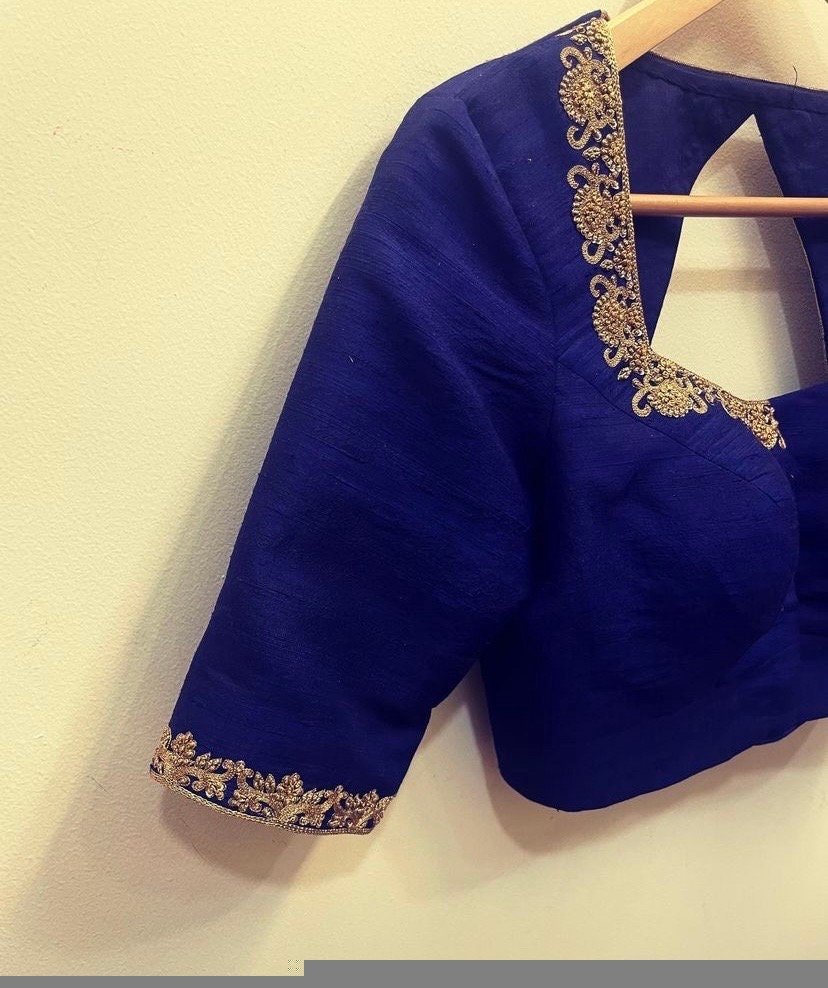 Navy blue silk hand embroidery blouse/blue saree maggam work blouse/blue saree blouse/hand embroidered blouse/blue ready made blouse zardosi