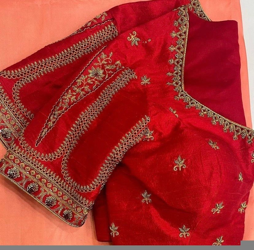 pure silk hand embroidery blouse/reddish pink maggam blouse /raw silk zardosi blouse/hand embroidered blouse /red ready made blouse zardosi