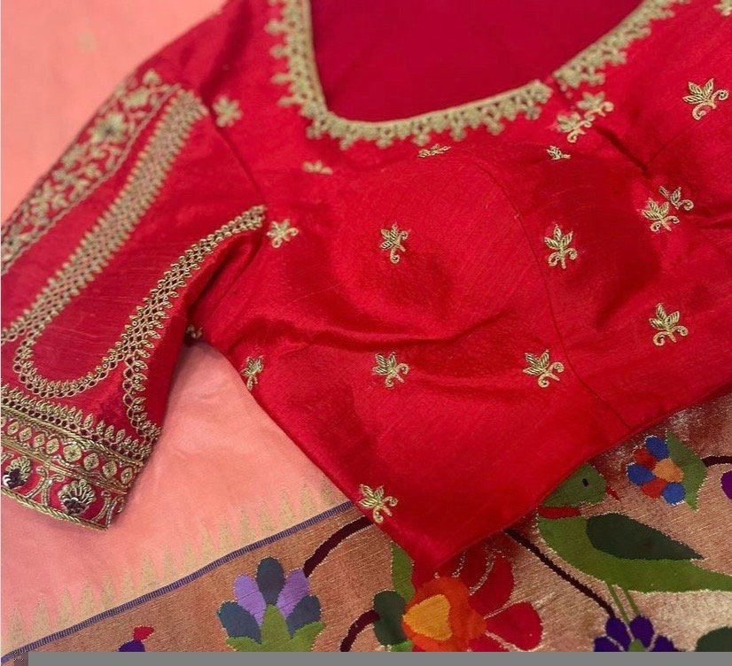 pure silk hand embroidery blouse/reddish pink maggam blouse /raw silk zardosi blouse/hand embroidered blouse /red ready made blouse zardosi