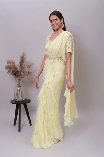 Ruffle saree with blouse/yellow ruffle saree with stitched blouse/saree belt with blouse/yellow modern ruffle saree/cocktail saree with belt
