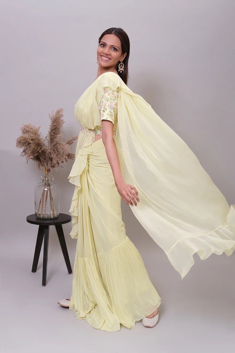Ruffle saree with blouse/yellow ruffle saree with stitched blouse/saree belt with blouse/yellow modern ruffle saree/cocktail saree with belt