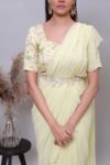 Ruffle saree with blouse/yellow ruffle saree with stitched blouse/saree belt with blouse/yellow modern ruffle saree/cocktail saree with belt