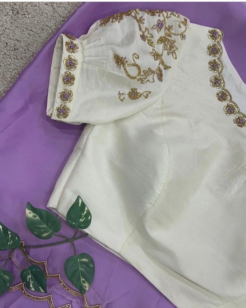 pure silk lavender sari with hand embroidery blouse/saree with maggam blouse/raw silk zardosi blouse/hand embroidered blouse organza saree