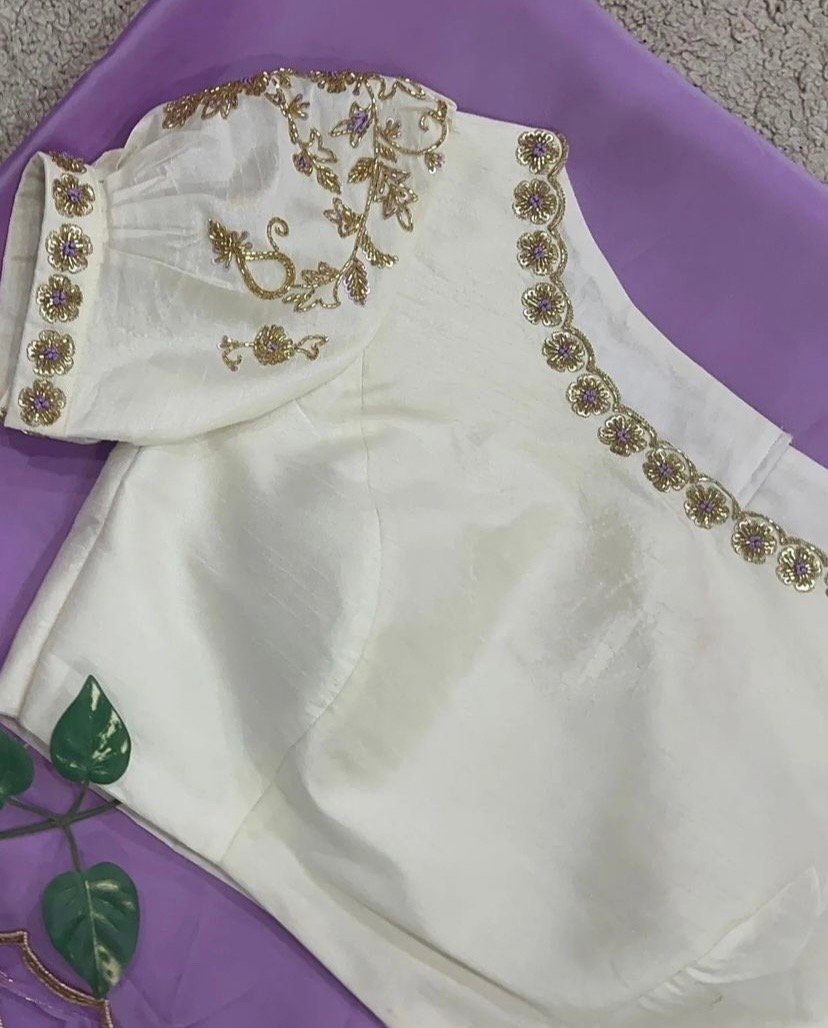 pure silk lavender sari with hand embroidery blouse/saree with maggam blouse/raw silk zardosi blouse/hand embroidered blouse organza saree