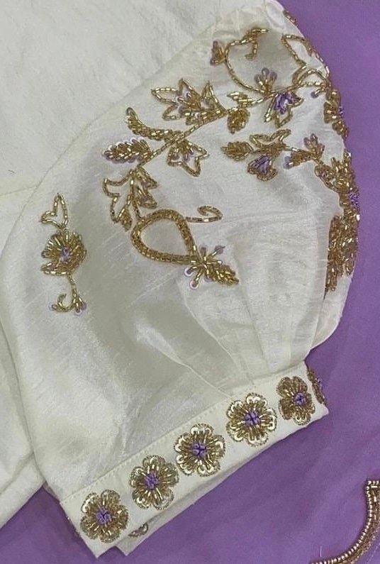 pure silk lavender sari with hand embroidery blouse/saree with maggam blouse/raw silk zardosi blouse/hand embroidered blouse organza saree