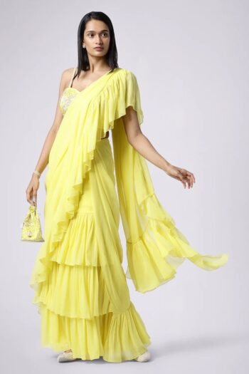 Ruffle saree with blouse/yellow ruffle saree with stitched blouse/saree belt with blouse/yellow modern ruffle saree/cocktail saree with belt