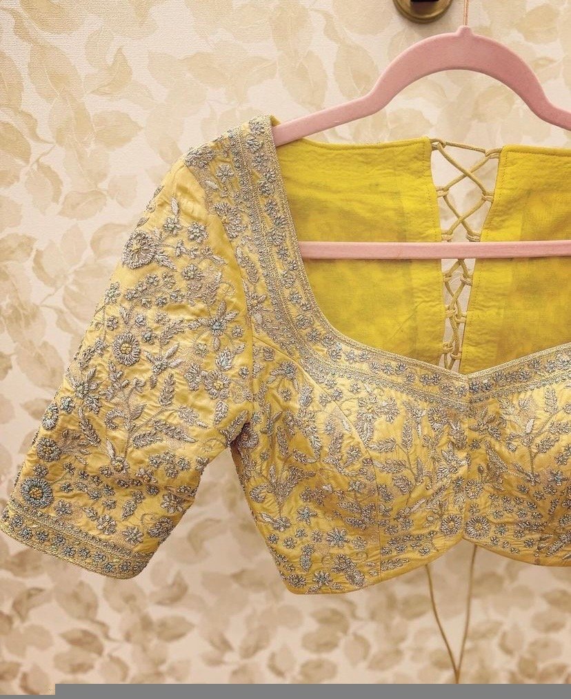pure silk hand embroidery bridal blouse/maggam blouse/yellow bridal blouse/yellow hand embroidered blouse/heavy embroidery wedding blouse us