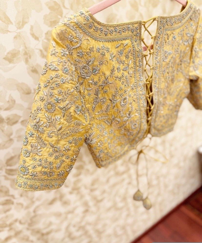 pure silk hand embroidery bridal blouse/maggam blouse/yellow bridal blouse/yellow hand embroidered blouse/heavy embroidery wedding blouse us