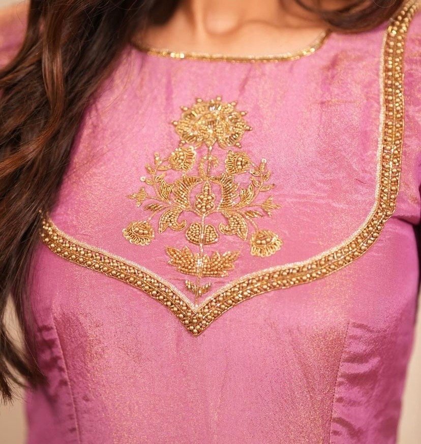 Hand embroidered pink Tissue anarkali with dupatta/anarkali suit set /pink kurta with dupatta USA/Indian dresses/tissue suit with dupatta