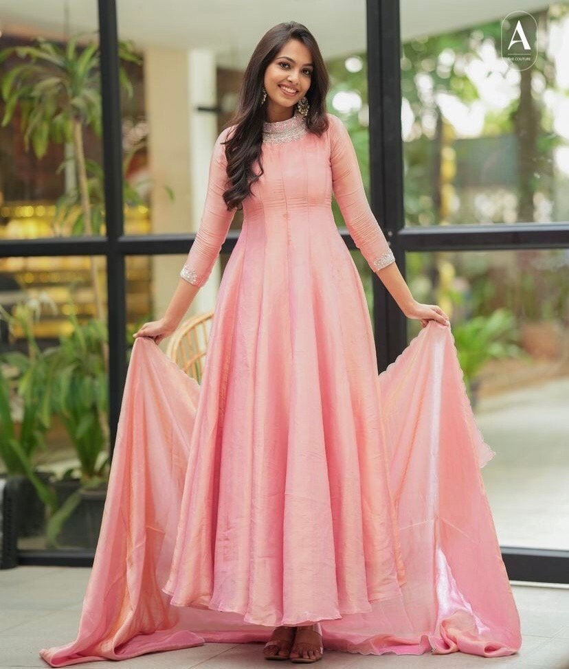 Hand embroidered peach Tissue anarkali with dupatta/anarkali suit set /peach kurta with dupatta USA/Indian dresses/tissue suit with dupatta