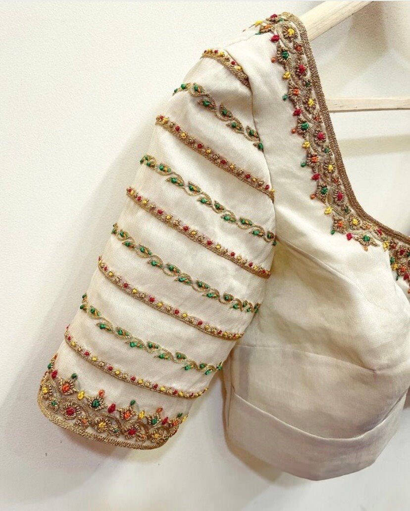 pure silk hand embroidery blouse/cream saree maggam blouse/raw silk zardosi blouse/hand embroidered blouse/cream ready made blouse zardosi