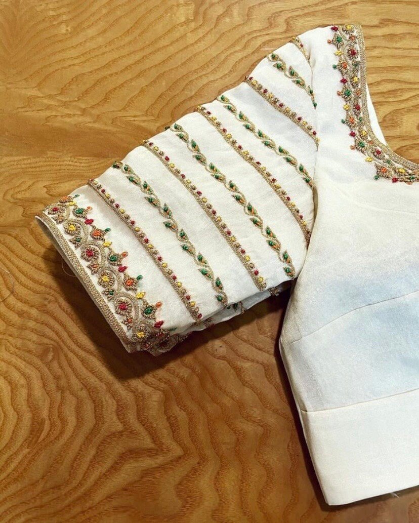 pure silk hand embroidery blouse/cream saree maggam blouse/raw silk zardosi blouse/hand embroidered blouse/cream ready made blouse zardosi