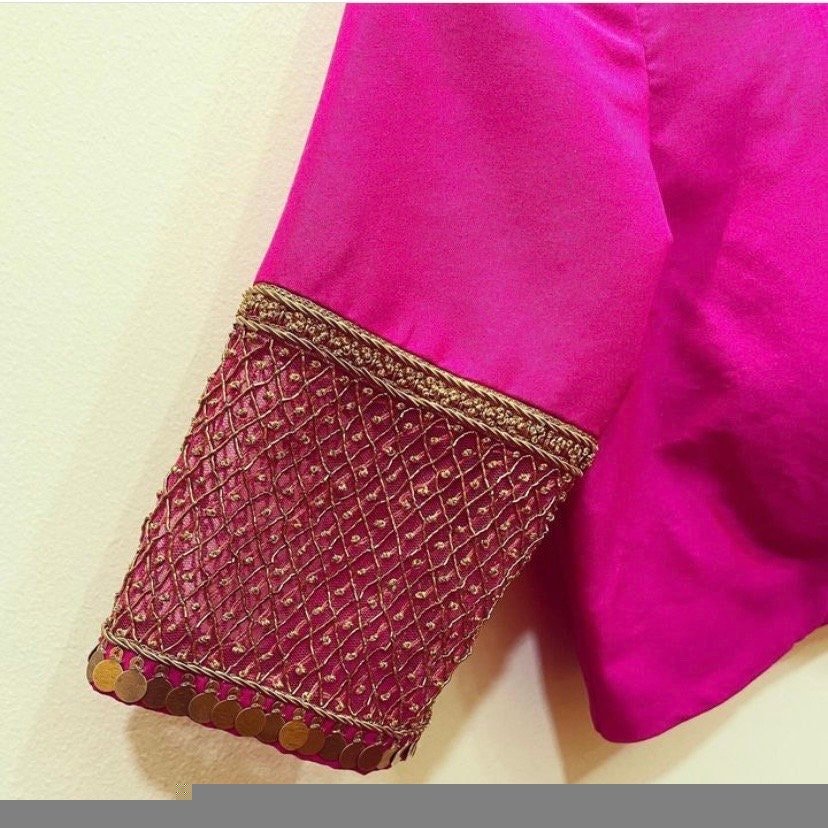 Pink Raw Silk Saree Blouse: Hand Embroidered Zardosi Maggam