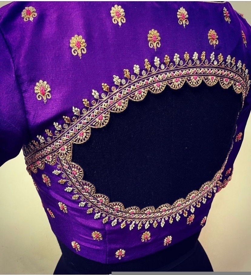pure silk hand embroidery blouse/saree maggam blouse/purple zardosi blouse usa/hand embroidered moderblouse/purple ready made blouse zardosi