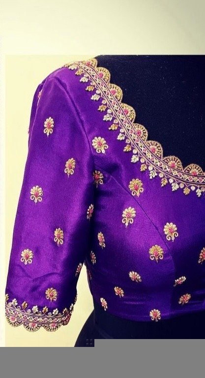 pure silk hand embroidery blouse/saree maggam blouse/purple zardosi blouse usa/hand embroidered moderblouse/purple ready made blouse zardosi
