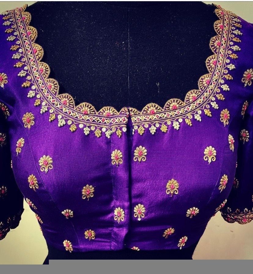 pure silk hand embroidery blouse/saree maggam blouse/purple zardosi blouse usa/hand embroidered moderblouse/purple ready made blouse zardosi
