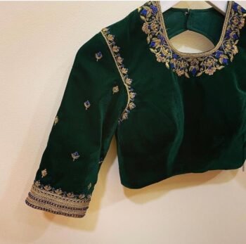 pure velvet hand embroidery blouse/modern saree maggam blouse/green zardosi blouse/ hand embroidered blouse/green velvet ready made blouse