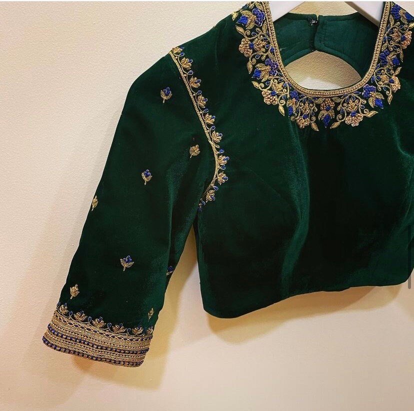 pure velvet hand embroidery blouse/modern saree maggam blouse/green zardosi blouse/ hand embroidered blouse/green velvet ready made blouse