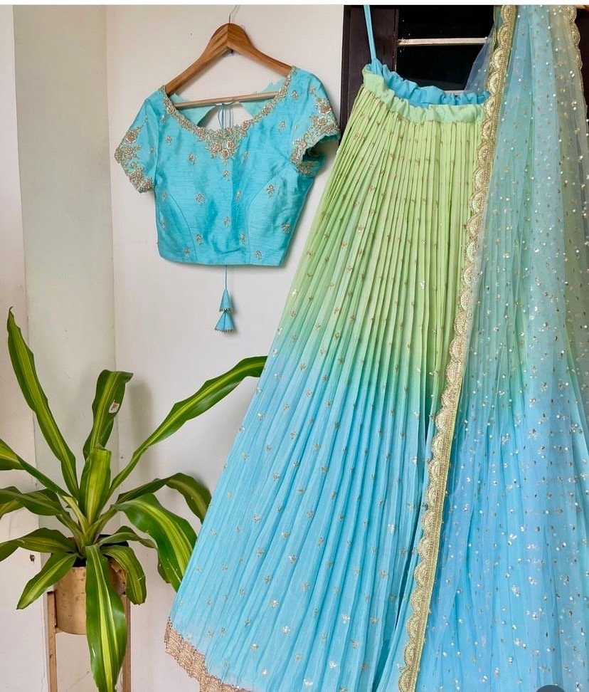 Ombre Lehenga Choli Set: Blue & Yellow Silk Skirt, Embroidered Crop Top