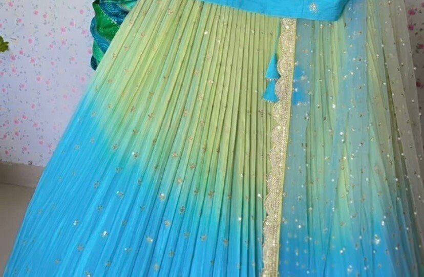 Ombre Lehenga Choli Set: Blue & Yellow Silk Skirt, Embroidered Crop Top