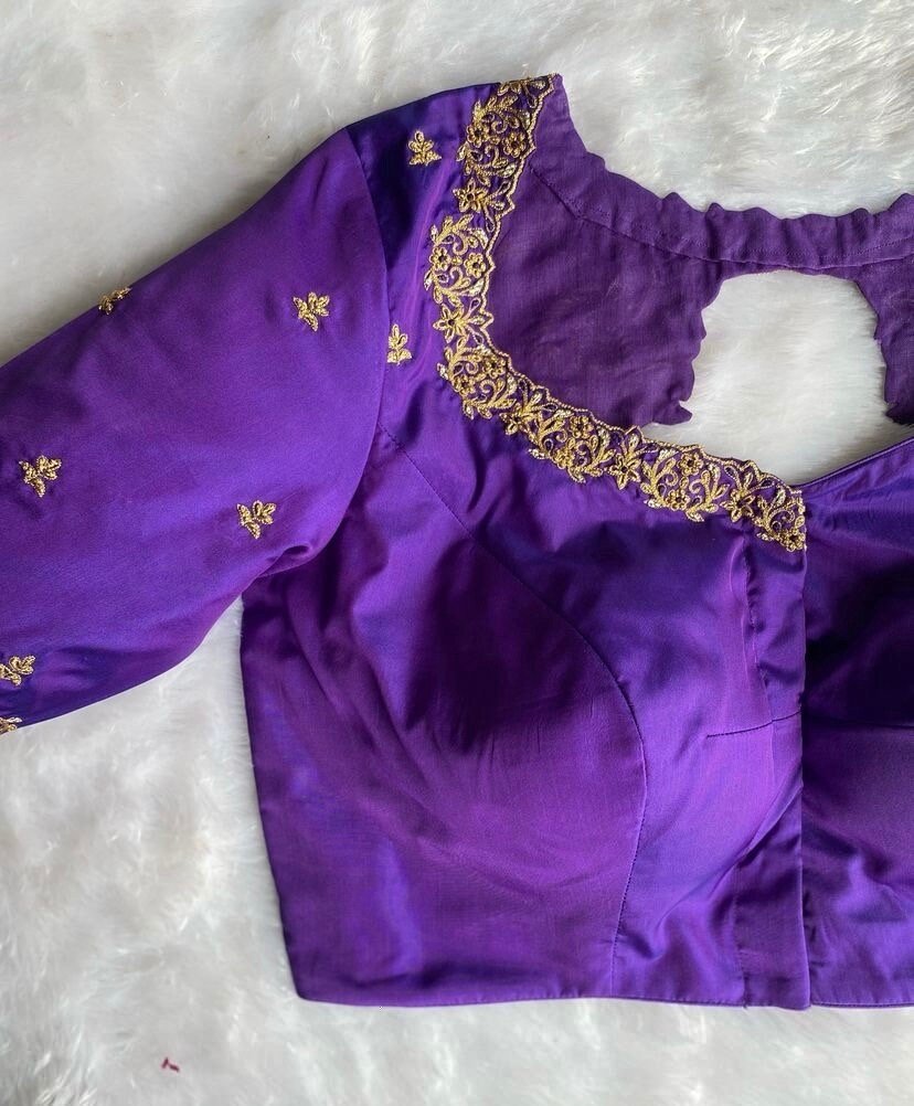 pure silk hand embroidery blouse/saree maggam blouse/purple zardosi blouse usa/hand embroidered moderblouse/purple ready made blouse zardosi