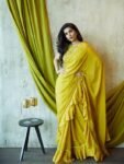Mustard Yellow Ruffle Saree: Georgette Cocktail Sari with Embroidered Blouse