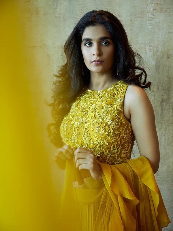 Mustard Yellow Ruffle Saree: Georgette Cocktail Sari with Embroidered Blouse