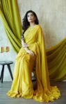 Mustard Yellow Ruffle Saree: Georgette Cocktail Sari with Embroidered Blouse