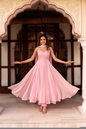 Hand embroidered pink Anarkali with dupatta/straight kurta suit set /pink kurta with dupatta Indian dresses/pink suit set with dupatta s