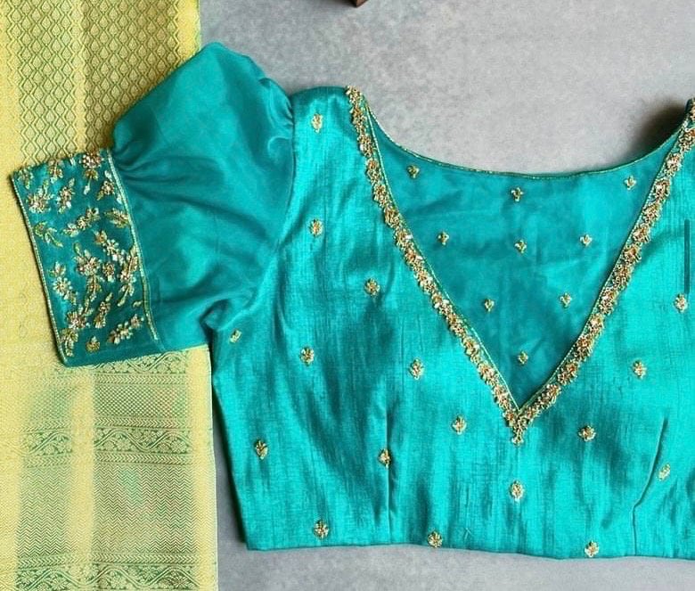 pure silk hand embroidery blouse/blue maggam blouse /raw silk puff sleeve blouse /blue hand embroidered blouse/readymade handwork blouse usa