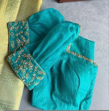 pure silk hand embroidery blouse/blue maggam blouse /raw silk puff sleeve blouse /blue hand embroidered blouse/readymade handwork blouse